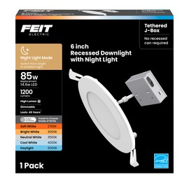 Feit Electric 6" LED Canless Recessed Downlight with Night Light Mode and Integrated J-Box, 85W EQ, Dimmable, 5CCT Selectable White, 1200 Lumens, 50,000-hour Lifetime, LEDR6XT/HO/NL5CCTCA4, 4 Pack