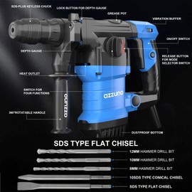 AZZUNO Heavy Duty Rotary Hammer Drill 15 Amp 1-1/4" SDS-Plus 4 Modes Chipping Hammers