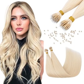 Elailite Nano Beads Hair Extension Real Human Hair 50 Strands 35g Cold Fusion With Nano Ring Micro Rings Remy Hair Straight （#70 Bleach White, 18 Inch)