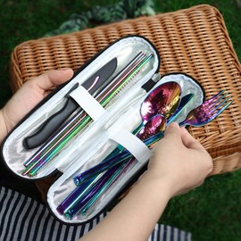 hecef Travel Cutlery, 9-Piece Camping Cutlery with Compact Case, Reusable 18/0 Stainless Steel Cutlery, Practical Cutlery Set for Work, School, Camping and Travel (Rainbow)