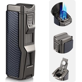Kantion Cigar Lighter, 4 Jet Flame Torch Lighter Refillable Butane Lighter Windproof Lighter with Cigar Punch & Cigar Holder Gift for Men Women (Blue Black, Without Gas)