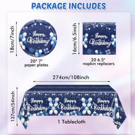Navy Blue and Sliver Birthday Decorations Happy Birthday Party Tableware Set Happy Birthday Tablecloths and Plates Napkins Party Dinnerware for Men Women Kids Birthday Party Supplies