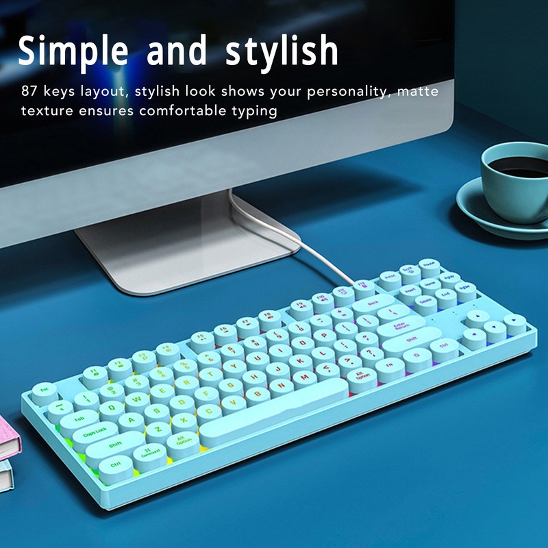 Gaming Keyboard USB Round 87 Keys Colorful Backlit Ergonomic Mechanical