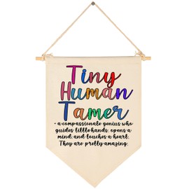 Tiny Human Tamer-Faculty Appreciation-Preschool Teacher-Thank You Gift for Nursery Teacher-End of Term Gift for Daycare Teacher,Nursery Worker-Canvas Hanging Pennant Flag Banner Wall Sign Decor