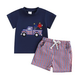 Kuriozud Toddler Baby Boy 4th Of July Outfit Truck American Flag T-shirt Top Red White Bule Shorts Set Fourth Of July Clothes (Truck Star Navy Blue, 12-18 Months)