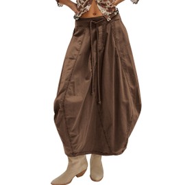 TERIVEEK Women Poplin Midi Skirt Baggy Drawstring Mid Rise Parachute Skirt Y2k Cargo Maxi Long Skirt with Pockets Streetwear Brown
