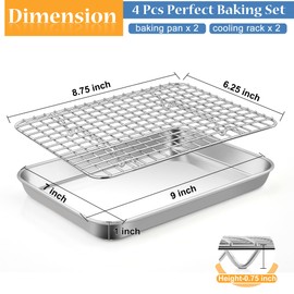 TeamFar Toaster Oven Pan with Rack Set, 9 x 7 x 1 Inch Stainless Steel Mini Baking Pan Tray with Grid Rack for Baking Roasting Cooling, Non-Toxic & Heavy-Duty, Dishwasher Safe, (2 Pans + 2 Racks)