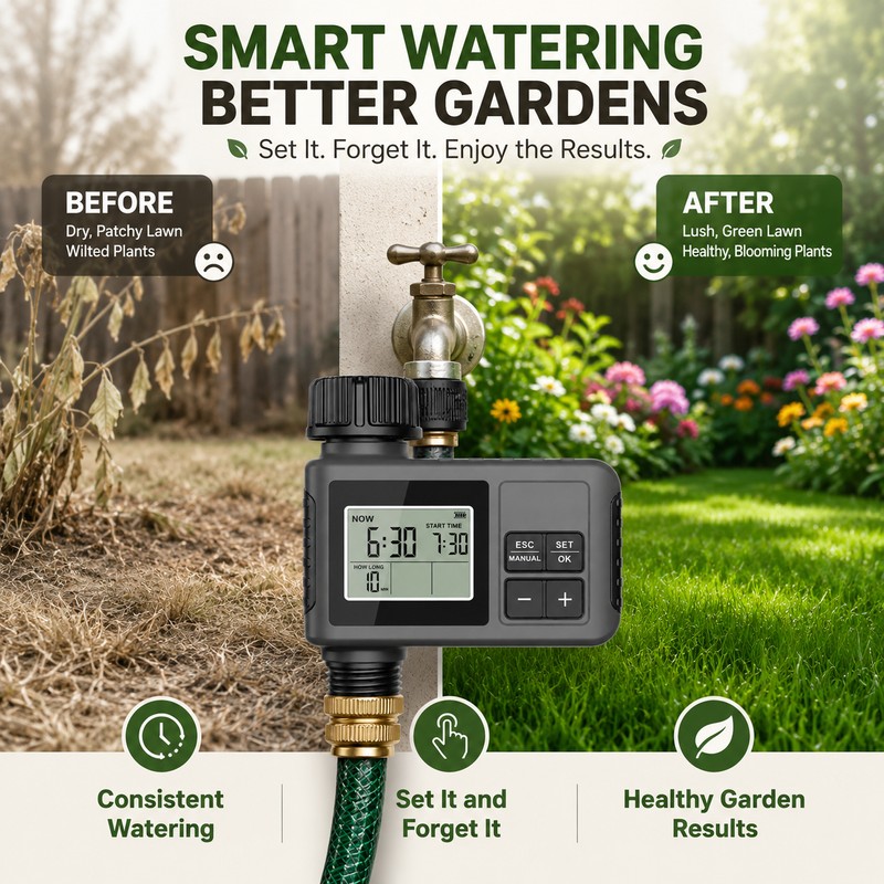 Automatic Water Timer for 2-Zone Garden Irrigation – IPX7 LCD