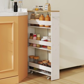 SILKYDRY Slim Rolling Storage Cart, 4 Tier Narrow Kitchen Cart with Wheels, Between Washer and Dryer Cart, Wood Shelving Unit Organizer w/Handle for Small Spaces (White & Natural, 5-Inch)