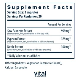 Vital Nutrients Saw Palmetto with Pygeum & Nettle Root - Vegan Saw Palmetto for Men Supports Healthy Prostate Function* - Gluten, Dairy, Soy Free - 60 Capsules