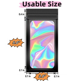 50 Pack Black Mylar Bags, Plastic Smell Proof Bag Reusable Holographic Bags Small Ziplock Bag with Clear Window Jewelry Sample Gift Food Bags Small Business Packaging Supplies (3" x 5")