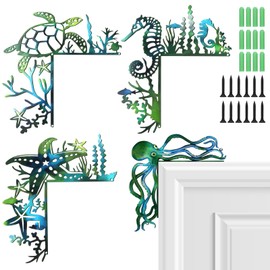 MorningRo 4 Pcs Ocean Door Frame Decoration Set Metal Octopus, Sea Turtle, Seahorse and Starfish Wall Art Decor Beach Themed Corner Sign Bathroom Decor for Indoor Outdoor Door Window Home Office