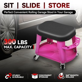 Auto Dynasty Mechanic Roller Stool, 300 LBS Capacity Rolling Creeper Garage Shop Seat with Tool Tray, Heavy Duty Mechanic Roll Repair Chair for Workshop Household Home Warehouse Office, Purple