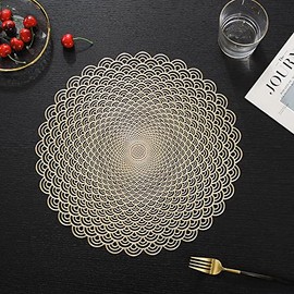 Hosoncovy 4 Pack Decorative PVC Placemats Table Mats Hollow Dining Table Place Mats Heat Resistant Non-slip Dining Placemats for Home Kitchen Wedding (Gold)