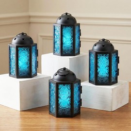 Vela Lanterns Mini candelabro de Metal marroquí pequeño de 4,5 Pulgadas, candelabro Decorativo para centros de Mesa, decoración del hogar Interior, Patio Exterior, Bodas, Azul, Juego de 4