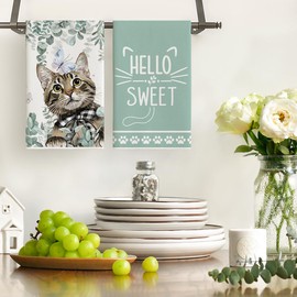 Artoid Mode Cat Butterflies Eucalyptus Spring Kitchen Towels Tea Towels 42 x 65 cm Summer Hello Sweet Decoration Towels Set of 2