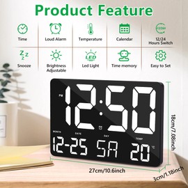 U-picks Digital Alarm clock Wall clock with Remote Control, 11.5" Large LED display desk clocks with Date,Week,Temperature,Adjustable Brightness, 12/24 Hr,Calendar Clock for Bedroom Office-White Digit