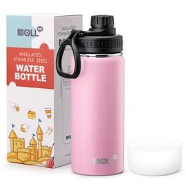 Mollcity - Botella de agua aislada para niños, de acero inoxidable de 16 onzas, con boca ancha al aspiradora, botella de agua de silicona, reutilizable, a prueba de fugas, botella de agua de viaje
