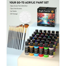 Nicpro 36 Colors Acrylic Paint Set with 12 Brushes & Palette, Non Toxic Art Supplies Kit for Fabric Painting, Canvas, Clay, Wood, Rock & Ceramic, Rich Pigments for Adults, Beginners, Professional Artist (2 oz, 60 ml)