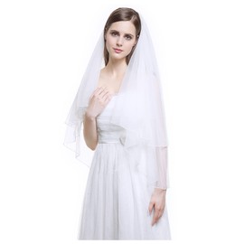 BEAUTELICATE - Velo de novia de boda con peine, 2 niveles, borde cortado, longitud de la yema del dedo, color blanco marfil, Blanco, Fingertip Length 35"