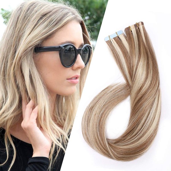 40pcs Rooted Tape in Remy Human Hair Extensions 100g Ash Brown mixed Bleach Blonde 20 inch Highlighted Long Straight Remy Skin Weft Invisible Double Sided Tape +20pcs Tapes20inch #12&613