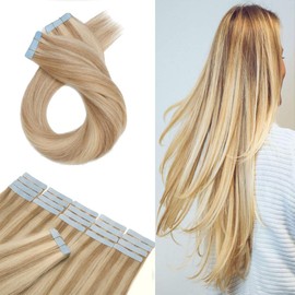 Hairro Tape in Hair Extensions 20 Inch Long Straight Human Hair 30g 20pcs/pack Highlight Ash Blonde Mix Bleach Blonde Thin Silky Seamless Skin Weft Glue in Human Hairpieces Balayage
