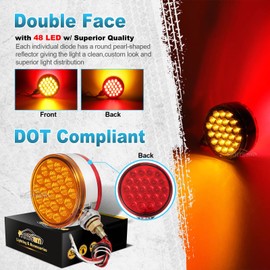 Partsam 2pc 4" Round Double Face Single Stud Mount Pearl Red/Amber 48 LED Pedestal Fender Reflective Lights w Chrome Housing Sealed Replacement for Kenworth/Peterbilt/Freightliner DOT Compliant
