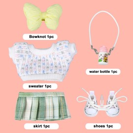 Fukaisu Doll Outfit Set, 5pcs Kawaii Green Plush Clothes with Sweater, Skirt, Bowknot, Canvas Shoes and Water Bottle, Clothing Accessories Supplies for 15cm/17cm Dolls (Only Include Clothes)