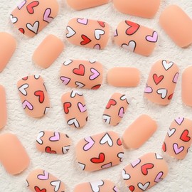 24 Pcs Valentine Press on Nails Heart Press on Nails Short RIICFDD Square Fake Nails with Pure Color Designs Glue on Nails Full Cover Graffiti Heart False Nails Stick on Nails for Women Cute Nails