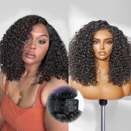 LUVME HAIR 100% Human Hair Wigs Curly Deep Wave Glueless Lace Front 16 Inches, Pre Cut Plucked Hd Lace Short Wig Ready To Go Natural Color Straight Bleached Knots Side Part Black Wigs