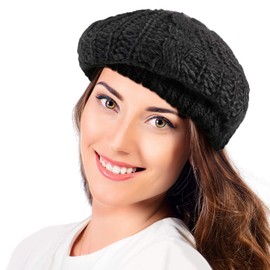 SATINIOR 2 Pcs Women Crochet Beret Solid Color Knit Beanie Hats Lightweight Ladies Beret Hats Slouchy French Berets (Black, Beige)