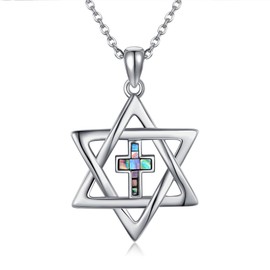 JERWLI Star of David Necklace 925 Sterling Silver Abalone Shell Cross Star of David Pendant Necklace Star of David Jewellery Judeo Christian Religious Gifts for Women Men, Sterling Silver