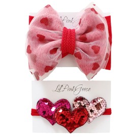 LilPinkGoose Heart Shape Head Wrap & Triple Sequin Heart Nylon Headband for Valentine's Day Baby Girls and Toddlers (Red, One Size)