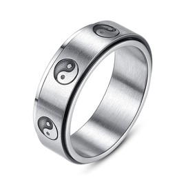 LAFATINA 8 mm Yin and Yang Fidget Spinner Rings Men Women Stainless Steel Taichi Balance Mantra Black Rings, metal, No gemstone