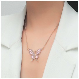 Dervivea Boho Pink Crystal Butterfly Necklace Large Butterfly Pendant Necklace Pink Enamel Butterfly Necklace Rhinestone Butterfly Necklace Chain Jewelry for Women and Girls