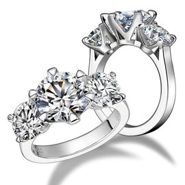 CannyCat 3 Stone Moissanite Ring for Women 5cttw 3 carat 9.5mm Certified Moissanite Diamond with Side 1 carat 6.5mm D color VVS Brilliant Platinum Plated Silver Anniversary Engagement Wide Band (5)