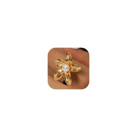 Gold Chunky Rings with Flower Design Stackable SilverTone Pearl Accent Statement Jewelry for Everyday Wear & Gifting