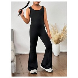 WDIRARA Girl's Sleeveless Flare Jumpsuit Scoop Neck Ruched Backless Pants Romper Black 10Y