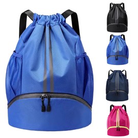 Drawstring Backpack Gym bag with Shoe Compartment & Wet-Proof Pocket Sports Bag for Basketball, Soccer, Swim Travel (Blue)