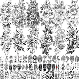 LAROI 63 Sheets Rose Peony Flower Temporary Tattoos For Women Arm Sleeve, Waterproof Long Lasting Temp Tattoos Adults, Fake Tattoos That Look Real And Last Long, Realistic Black Floral Tatoos Snake