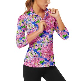 Women's 3/4 Sleeve Golf Shirts Sun Protection Workout Pullover 3/4 Zip Sweatshirt Athletic Running Top (Multicolor Pink Floral-128,Medium)