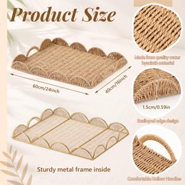 Teenyyou Paper Rope Scalloped Tray 24" L x 18" W x 2.4" H Rectangle Woven Decorative Coffee Table Serving Tray with Handle Ottoman Large Handwoven Basket Home Decor for Kitchen Counter Organizing