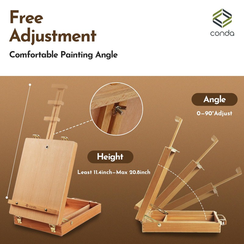 CONDA Premium Wooden Sketch Box Easel - Adjustable Tabletop Art