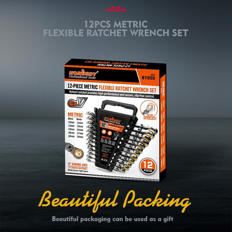 HORUSDY 12-Piece Metric Flex-Head Ratcheting Wrench Set with Organizer |