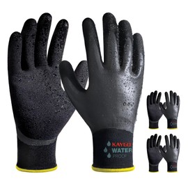 KAYGO Waterproof Work Gloves for Men and Women with Double Latex Coated, Non-Slip Super Grip for Gardening Car Washing Fish Cleaning (Black, L, 3 Pairs)