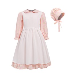 FORTMAC Pioneer Dresses for Girls-Prairie Pioneer Girl Costume Colonial Laura Ingalls Wilder Costume with Bonnet Apron Pink 6-7Y