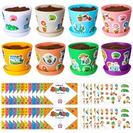 Domensi 30 Set DIY Plastic Pot Craft for Kids Bulk Earth Day Crafts 4 Inch Flower Pot Planters with Tray Drainage Holes with 458 Stickers 30 Cards for Spring Mother's Day Planting(Multicolor)