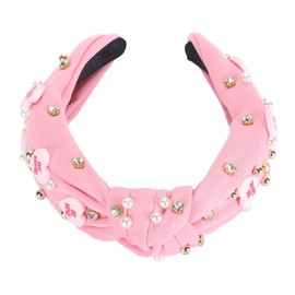 Rhinestone Embellished Knotted Headband Heart Decoration Knotted Jeweled Headband for Valentine Day Pink