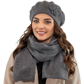 VIVISENCE Elegant Women's Winter Beret Hat with Classic Cut Warm Wool Blend Floral Applique and Perfect Fit Ideal for Cold Days for Women, darkgray