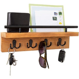 Ripple Creek Mail and Key Holder for Wall, Decorative Wooden Wall Shelf with Hooks, Wall Mounted Coat Rack with Shelf, Keys Organizer, Entryway Hooks with Home Bathroom Kitchen (Light Brown, Large)